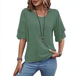 เสื้อยืดผู้หญิงไซส์ใหญ่ สีเขียวล้วน แขนปกติ เป็นมิตรกับสิ่งแวดล้อม ระบายอากาศได้ดี คอกลม สไตล์ลำลอง ผ้าถัก ความยาวปกติ ผ้าฝ้าย 100% - Product Image 3