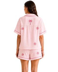 Ensemble de pyjama pour femme rose clair personnalisé, manches courtes, boutonné, imprimé floral, doux, respirant, vêtements de nuit d'été, ensemble de détente - Product Image 2