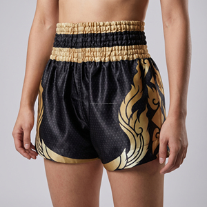 Shorts d'entraînement de boxe thaïlandaise en satin extensible personnalisés Premium Black Gold Dragon pour adultes unisexes, vêtements d'arts martiaux mixtes - Product Image 4