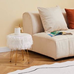 Round Furry Vanity <b>Stool</b> with Marble Tray Compact Soft Makeup Seat Faux Fur <b>Storage</b> Ottoman 4 Metal Legs - Product Image 2