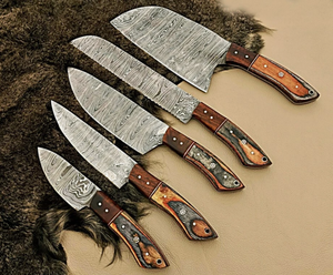 Juego de Cuchillos de Chef de Acero de Damasco de Alta Calidad, 5 Piezas, Personalizables OEM/ODM, con Hojas de Punta Caída y Borde Biselado, Mangos de Madera - Product Image 5