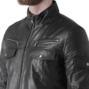 Mens Black Faux Leather Eco-Friendly <b>Vintage</b> <b>Bomber</b> <b>Jacket</b> Stand Collar Ribbed Cuffs Multi Pocket Zip Front Casual Motorcycle - Product Image 6