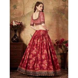 Superbe mariage en soie organza marron à imprimé floral Lehenga Choli avec chemisier pêche - Product Image 3