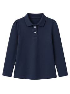 <b>Back</b>-to-School Season Girls' Long Sleeve Polo Shirt Uniform Solid Color 100% Cotton Formal Casual Versatile Daily - Product Image 2