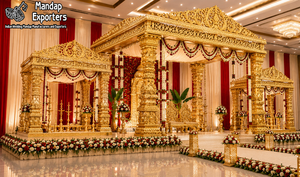 Grandioso Mandapam Dorado Manavarai para Ceremonia de Boda Tamil, Decoración de Lujo con Kalyanam Dorado Tallado en Fibra para Grandes Eventos - Product Image 2