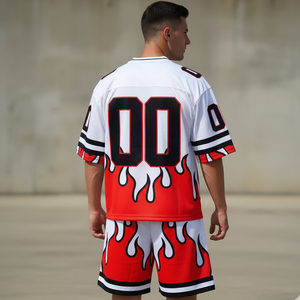 Men's <b>Flame</b> Print Football Jersey Set White Red Black V-Neck Quick Dry Sporty Summer Wear Sublimation Printed - Product Image 2