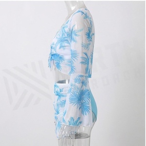 Women's Blue Palm Print 2 Piece Tankini <b>Set</b> Deep V Neck Twist Top With Ruched <b>Skirt</b> Stretch Swimwear - Product Image 3