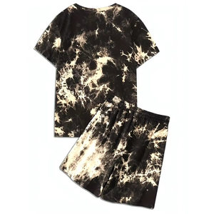 <b>Men's</b> <b>Tie</b> Dye Short Sleeve T-Shirt And Shorts Set Casual Summer Outfit Printed <b>Black</b> And Beige Knitted Breathable Wear - Product Image 2