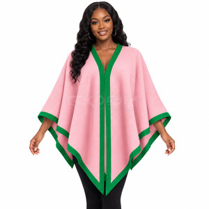 Suéter Casual de Invierno Cosh International Sorority Sisterhood, Poncho de Punto con Ribete Rosa y Verde, Cuello en V y Mangas Murciélago - Product Image 3