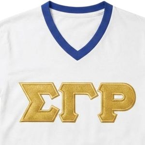 Camiseta Deportiva Azul de la Hermandad Sigma Gamma Rho para Mujer, con Apliques Bordados de Doble Costura, Letras Griegas, Personalizada - Product Image 5
