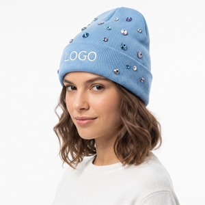 Bonnet tricoté personnalisé pour femme, broderie, bleu, chaud, hiver, doux, décoré de perles et de strass, pour temps froid - Product Image 3