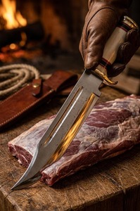 Couteau de chasse personnalisé avec lame en acier inoxydable à pointe tombante et manche blanc avec fourreau en cuir à rayures rouges - Product Image 5