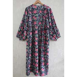 Vestido Maxi Hecho a Mano 100% Algodón con Estampado Floral, Cuello en V y Mangas Abullonadas para Mujer, Estilo Formal Regular para Fiestas de Verano - Product Image 5