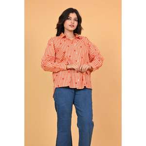 Chemisier pour femme à rayures orange et blanches avec imprimé cœur, en coton, boutonné, à manches longues, style décontracté, haut mignon style Saint-Valentin - Product Image 2