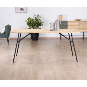 Vandana Ivory Volume <b>dining</b> <b>table</b> in a minimalist Japanese style with a wooden <b>top</b> and metal legs - Product Image 2