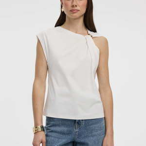 Haut blanc sans manches à une épaule avec détail anneau doré, coupe classique, tissé, couleur unie, décontracté, pour femme - Product Image 1