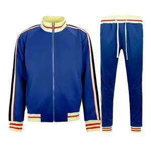 Ensemble de survêtement unisexe bleu à manches longues avec fermeture éclair, design sportif, motif rayé, coupe régulière, vêtement d'automne, matière polyester respirante - Product Image 1