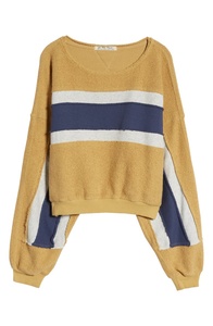 Sudadera de Mujer con Bloques de Color Amarillo y Rayas, Cuello Redondo, Hombros Caídos, Manga Larga, Estilo Pullover - Product Image 5