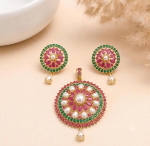 RAY FINE ORNATES IGI Certified Victorian <b>Ruby</b> Emerald Pearl Pendant Set 22K Gold Plated Bridal <b>Necklace</b> Earrings Jewelry - Product Image 1