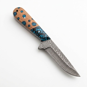 Couteau de chasse en acier de Damas en gros, manche hybride personnalisé en résine turquoise et bois, lame fixe, couteau de camping extérieur OEM - Product Image 3
