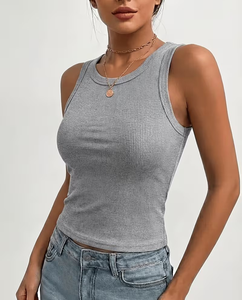Women's Turquoise Ribbed Knitted Crew Neck Short Tank Top Casual Breathable Solid Color Polyester/Cotton Blend 160g Customizable - Product Image 2