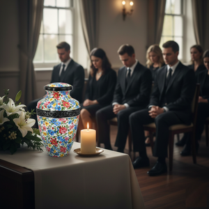 Urna Funeraria de Lujo con Diseño Floral de 11 Pulgadas, Urna Conmemorativa Personalizada con Estampado de Flores Coloridas, Urna Grande de Metal para Cenizas, Recuerdo Decorativo - Product Image 4