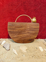 Pochette de luxe en bois naturel avec poignée florale en laiton, sac rigide semi-circulaire écologique pour soirée, mariage, par un créateur