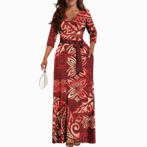 Robes pour femmes de grande taille personnalisées de style samoan Puletasi à col en V, élégantes robes polynésiennes à manches courtes pour femmes - Product Image 3