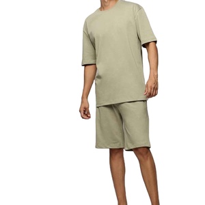 Ensemble de t-shirts pour hommes de haute qualité, couleur unie, col rond, manches courtes, en coton tricoté, tenue décontractée d'été, vêtements en deux pièces - Product Image 5
