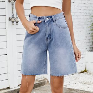 <b>Women's</b> High Waist <b>Denim</b> <b>Bermuda</b> <b>Shorts</b> Five Pocket Stonewashed Frayed Hem Button Fly Casual Style - Product Image 3