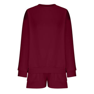 <b>Womens</b> Burgundy Solid Crew Neck Oversized Sweatshirt and <b>Shorts</b> Set <b>Long</b> Sleeve Casual Streetwear Activewear OEM ODM Wholesale - Product Image 5