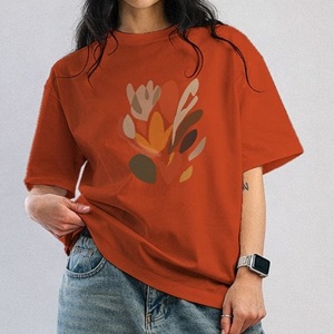 Fashionable Women's Orange Floral Print Crew Neck <b>T</b>-<b>Shirt</b> Loose Fit Short Sleeve Casual Jersey Cotton Top - Product Image 1