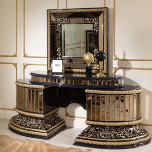 Baroque Turkish Style Luxury Solid Mahogany Dressing <b>Table</b> with Mirror <b>Black</b> Gold Glossy <b>Vanity</b> Set Bedroom Furniture High End - Product Image 1
