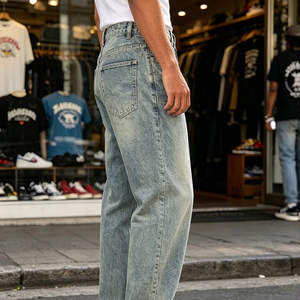 EIDEO OEM ODM, Jeans de Mezclilla Personalizados para Hombre, Estilo Hip Hop Rock, Vintage, Holgados, Color Gris Desgastado - Product Image 1