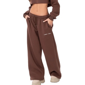 Pantalones de chándal de moda para mujer, de algodón polar sólido, de 400 GSM, holgados, con cintura elástica y pierna ancha, personalizables con tu propio logo. - Product Image 1
