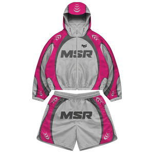 Conjunto Corto de Nylon Rosa y Gris Personalizado de Moda para Hombre, Traje Cortavientos con Bloques de Color, OEM ODM, Etiqueta Privada, Ropa Urbana, Ropa Deportiva, Sudaderas con Capucha - Product Image 4