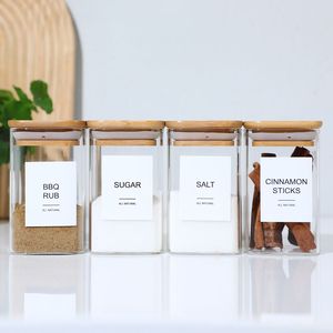24X8 once di vaso di spezie in vetro borosilicato alto coperchio di bambù contenitore di condimento quadrato vuoto 72 etichette scritte a mano 20 stampate" - Product Image 5