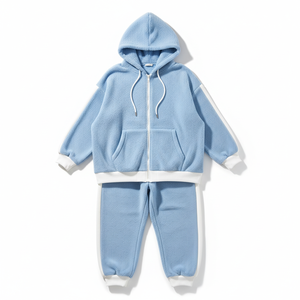 High Quality Cotton Light Blue Fleece Tracksuit Set Full <b>Zip</b> <b>Hooded</b> Sweatshirt & Sweatpants Solid Color Winter Casual Loose Fit - Product Image 1