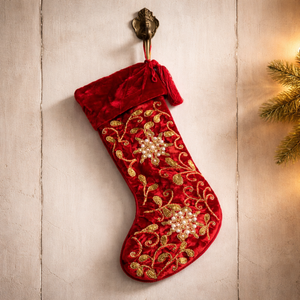 Chaussette de Noël moderne de luxe en velours rouge de 22 pouces avec motif floral complexe et broderie dorée |   Artisanat durable fait main pour les fêtes - Product Image 5