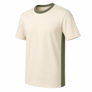 Camiseta de Algodón Crema Personalizada con Panel Lateral Verde Oliva en Contraste, Cuello Redondo, Manga Corta, Top Informal para Hombre - Product Image 3