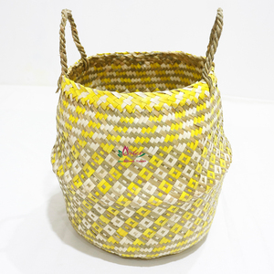 New Design Circle Durable Palm Leaf Woven Storage <b>Basket</b> <b>Foldable</b> with Handle Yellow - Product Image 3