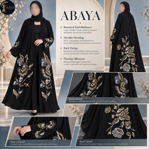 Vestido Abaya Botánico Ornamentado para Mujer con Mangas Largas, Túnica Negra Fluida |   Prenda Musulmana con Detalles Florales Metálicos en Espalda y Mangas - Product Image 5