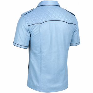 เสื้อเชิ้ตหนังสีฟ้าสไตล์วินเทจสำหรับผู้ชาย แขนสั้น หนังวัวแท้ ติดกระดุม แนวลำลอง สไตล์ไบค์เกอร์ พร้อมแผ่นเสริมไหล่แบบควิลท์ - Product Image 2