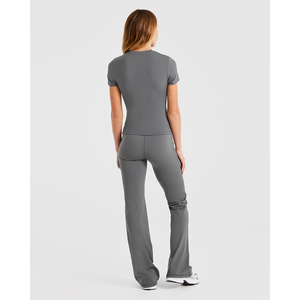 Camiseta de Punto para Mujer, Color Gris Sólido, Manga Corta, Cuello Redondo, Deportiva, Transpirable, para Todas las Temporadas - Product Image 4