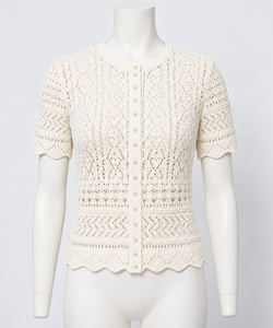 Blusa de punto de ganchillo holgada para mujer, manga corta, con botones frontales, cuello redondo, diseño hueco, top tipo jersey, longitud regular, ropa casual de verano - Product Image 2