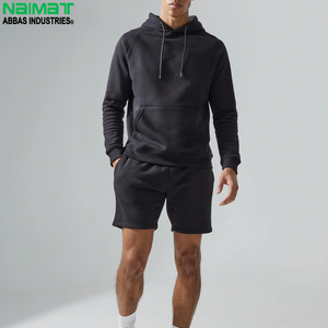 Conjunto de Sudadera con Capucha y Pantalones Cortos Negros para Hombre Naimat, de Algodón y Felpa, Color Sólido, Informal, para Otoño, Transpirable, Tejido - Product Image 1