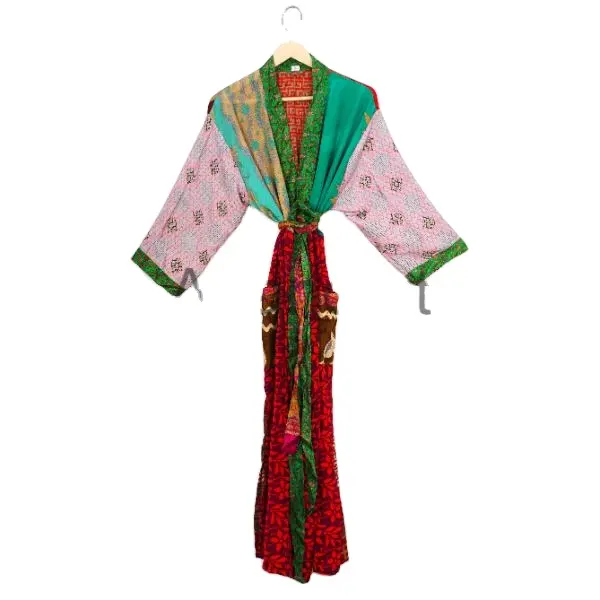 Indian Vintage recycle kimono sexy bikini cover up gown maxi Floral dress Patchwork Silk Kimono