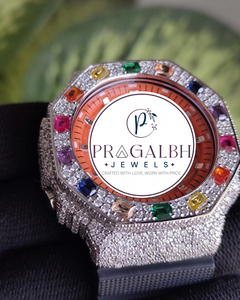 Montre de luxe pour homme en acier inoxydable avec mouvement MiYota, cadran analogique sportif et mode, sertie de diamants et de pierres précieuses multicolores - Product Image 4