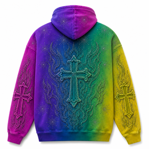 Streetwear Custom 450 gsm Men's French Terry Fleece Luxury Multi Color Rhinestone Embroidery <b>Zip</b> <b>Up</b> <b>Hoodie</b> <b>Cropped</b> Boxy <b>Hoodie</b> - Product Image 2