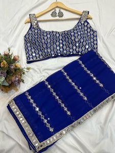 Sari de georgette de diseñador con espejos auténticos y bordados, y blusa de georgette sin coser con espejos auténticos y bordados. - Product Image 4